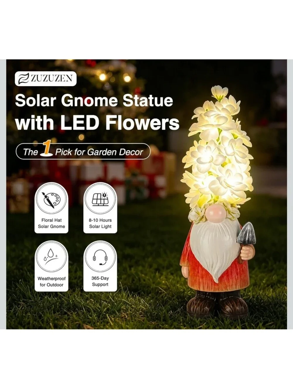 Solar Gnome with Flower Hat LED Lights Outdoor Garden Decor